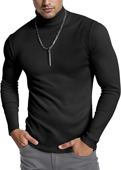Men’s Ribbed Turtleneck Pullover – Slim Fit Long Sleeve