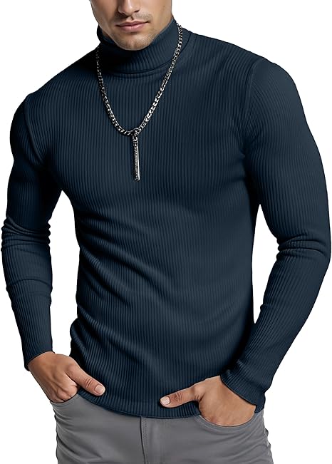 Men’s Ribbed Turtleneck Pullover – Slim Fit Long Sleeve